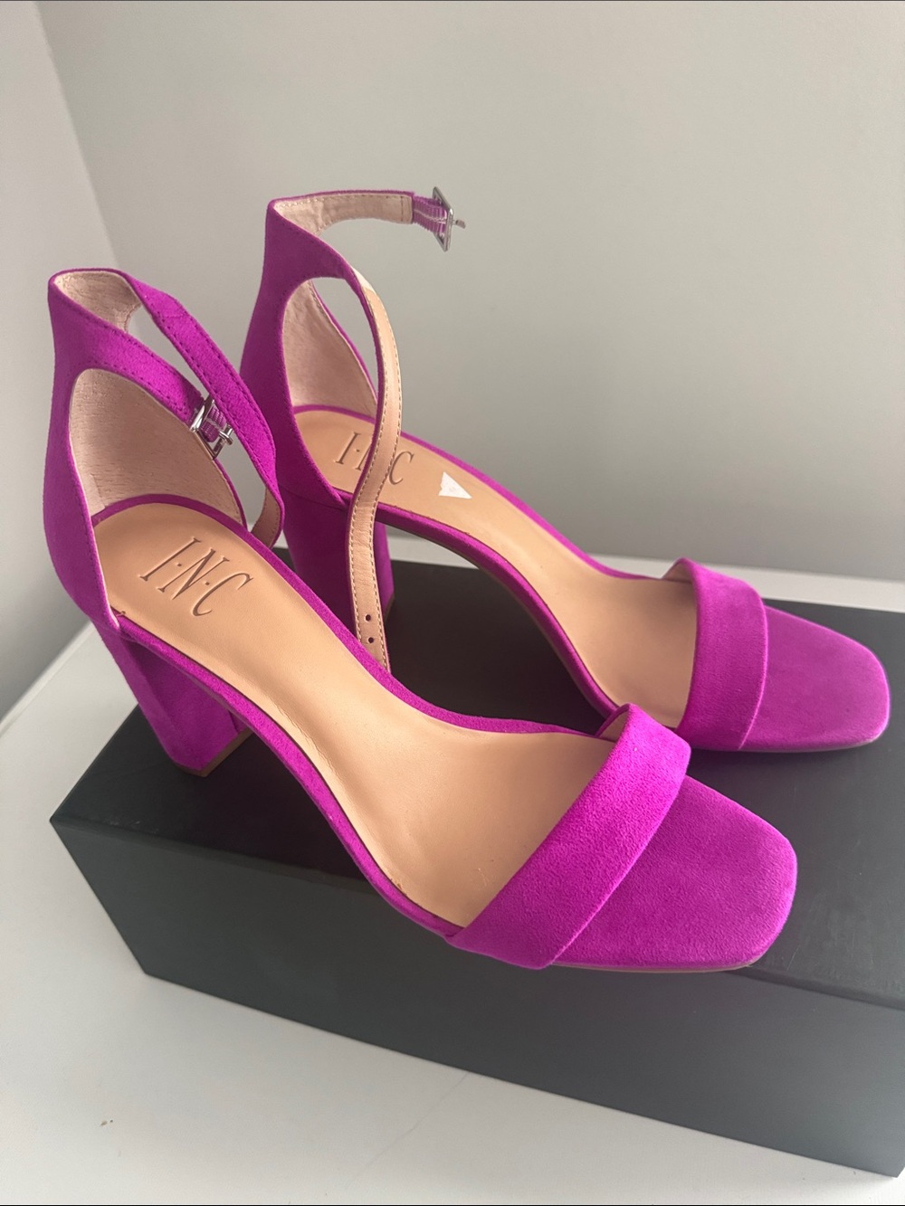 INC International Concepts Vivid Fuchsia Suede Block Heel Sandals
